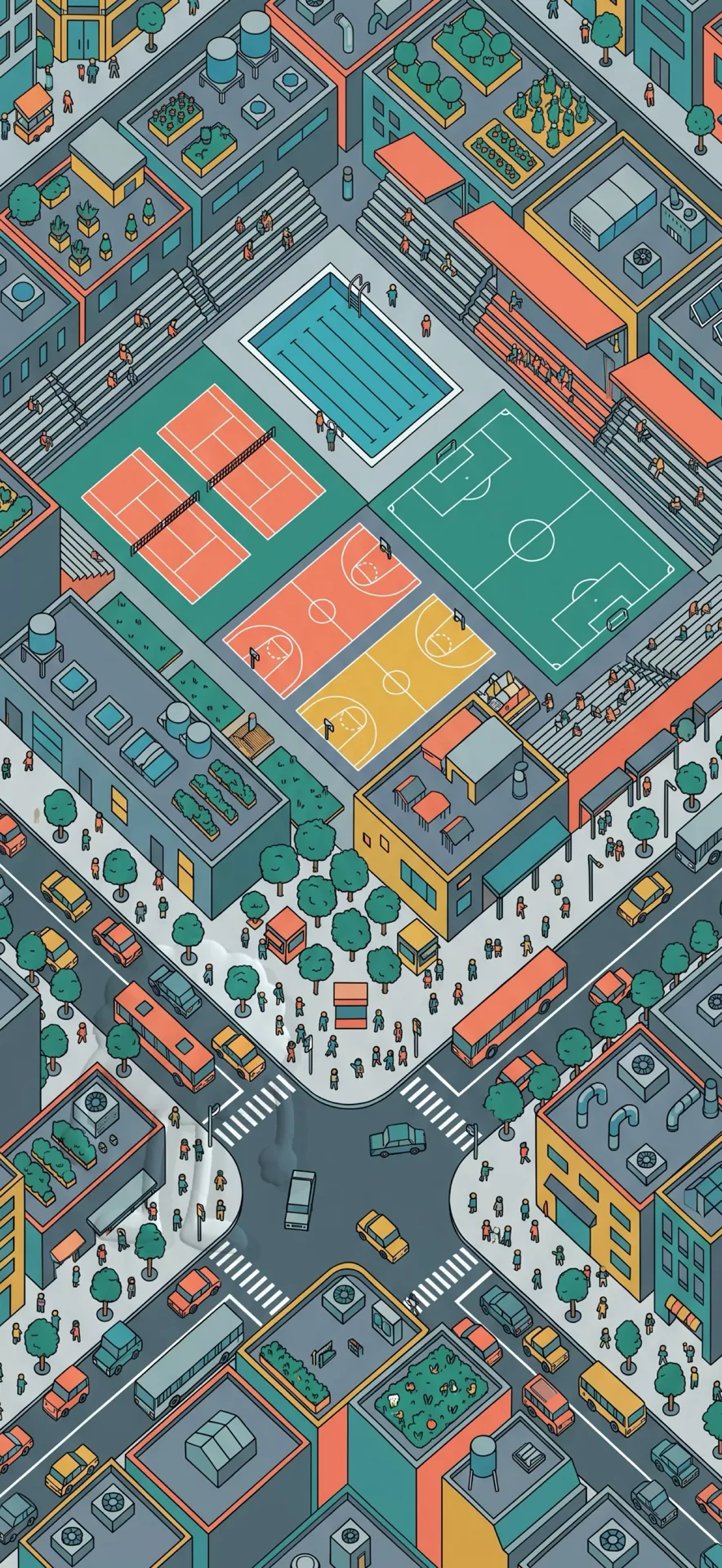 A busy city seen from above: streets, buses, sports courts, hundreds of tiny people. A Mimic is hidden somewhere inside it.
